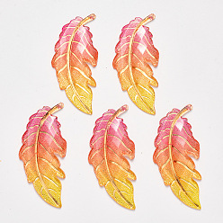 Yellow Transparent Acrylic Big Pendants, with Plated Bottom, Leaf, Yellow, 61.5x27x4mm, Hole: 1.2mm