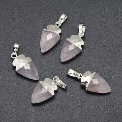 Розовый Кварц Природного розового кварца подвески, с длинными латунными накладками, граненые, наконечник, серебряный цвет гальваническим, 18.5x8~10x5 мм, отверстие : 3.5x5.5 мм