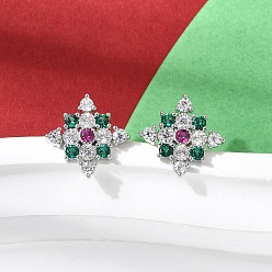 Платина Серьги-гвоздики из латуни с микропаве из кубических цирконий в форме ромба, стойки покрытие, долговечный, без кадмия и без свинца, платина, 9.5x9.5 мм