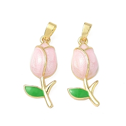 Pink Латунь эмаль подвески, очарование розы, реальный 18 k позолоченный, розовые, 24.5x10x5 мм, отверстие : 2.5x5 мм