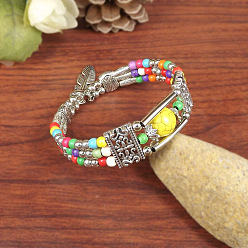 Разноцветный Синтетические браслеты из бирюзовых бусин разного цвета для женщин, с подвеской в виде пера из сплава, античное серебро, красочный, 5/8 дюйм (1.7 см), внутренний диаметр: 2-3/8 дюйм (6 см)