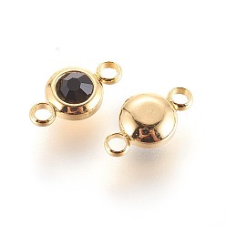 Jet 304 Stainless Steel Rhinestone Links connectors, Flat Round, Golden, Jet, 12x6.5x4mm, Hole: 2mm