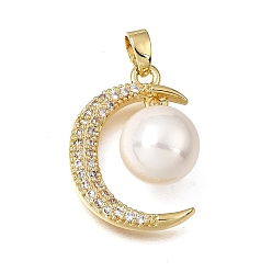 Golden Brass Micro Pave Clear Cubic Zirconia Pendants, with ABS Imitation Pearl, Moon Charms, Rack Plating, Long-Lasting Plated, Cadmium Free & Lead Free, Golden, 22x15.5x10mm, Hole: 5x2mm