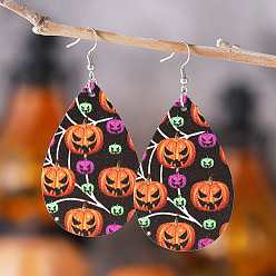 Orange Halloween Wood Earrings, with Stainless Steel Earrings Hook, Teardrop with Pumpkin, Orange, 75x35mm
