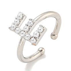 Letter E Латунные открытые манжеты для женщин, с ABS имитации жемчуга, без кадмия и без свинца, долговечный, буквы, Письмо E, внутренний диаметр: 17 мм, буква е: 11.5x7.5 мм