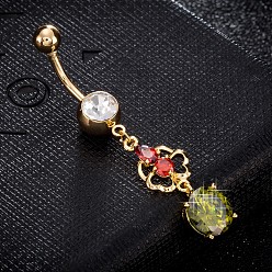 Olive Umweltfreundlicher Nabelring aus Zirkonoxid aus Messing, Bauchringe, mit 304 Edelstahlleiste, echt 18 k vergoldet, Blume mit flachen, runden, Olive, 49x9 mm, Stange: 15 Spurweite(1.5mm), Stangenlänge: 3/8"(10mm)