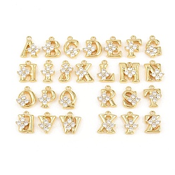 Настоящее золото 18K 26 шт. Латунные брелоки из прозрачного кубического циркония с микропаве, долговечный, стойки покрытие, подвески с буквой az~z, реальный 18 k позолоченный, 9.5~10.5x7~9.5x3.5 мм, отверстие : 1~1.2 мм