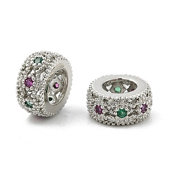 Платина Латунные микро проложить Цирконий Европейский бисером, плоско-круглые, бусины с большим отверстием, стойки покрытие, без кадмия и без свинца, долговечный, платина, 10x4.8 мм, отверстие : 5.3 мм