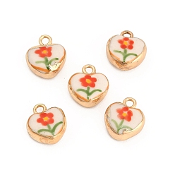 Colorful Handmade Porcelain with Brass Pendants, Heart with Flower Charms, Hand Painted, Famille Rose Porcelain, Golden, Colorful, 17~17.5x14.5~15x7~7.5mm, Hole: 2.5mm