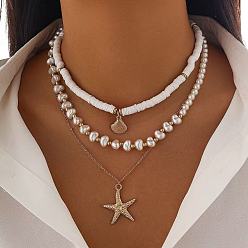Белый Летний пляж сплав морская звезда кулон ракушка и искусственный жемчуг бусины 3 многослойные ожерелья для женщин, золотые, белые, 14.57 дюйм (37 см), 2 шт / комплект
