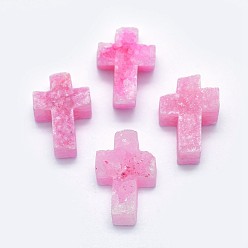 (966) Внутренний цвет Кристалл / Лиловато-лиловый на подкладке Гальванизированный природный дружий кварцевый шарм, крестик, с покрытием цвета радуги, 13~14x10~12.5x5~7 мм, отверстие : 0.8 мм