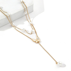 Golden 201 Stainless Steel Curb Chains Double Layer Necklaces with ABS Imitation Pearl Beaded, Natural Shell Butterfly Pendant Necklace, Golden, 15.94 inch(40.5cm)