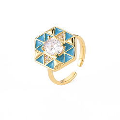 Sky Blue Brass Micro Pave Clear Cubic Zirconia Cuff Rings, Open Rings, with Enamel, Cadmium Free & Nickel Free & Lead Free, Hexagon, Golden, US Size 6, Inner Diameter: 17mm