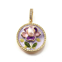 Средний Фиолетовый Латунные подвески с микропаве из кубического циркония и эмали, плоский круглый с цветными чарами, с блестящей пудрой и натуральным пресноводным жемчугом, без никеля , реальный 18 k позолоченный, средне фиолетовый, 25.5x23.5x9.5 мм, отверстие : 6.5x4.5 мм