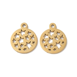 Golden Ionenbeschichtung (IP) 304 Edelstahlanhänger, Laserschnitt, flach rund mit Sternanhängern, golden, 14.5x12x1 mm, Bohrung: 1.6 mm