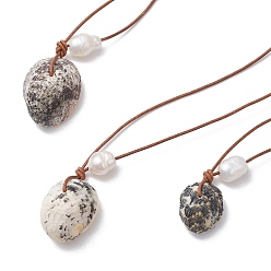 Серый Летние пляжные ожерелья с подвесками из натурального пресноводного жемчуга и натуральных ракушек, коровья кожа ожерелья шнура, серые, 28.35~29.53 дюйм (72~75 см), Кулон : 18~26x15~20 мм