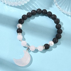Луна Браслеты с подвесками из натурального мадагаскарского розового кварца, лавовой породы и жемчуга из ракушек., круглые браслеты из бисера для женщин, С немагнитным синтетическим гематитом, луна, внутренний диаметр: 1.97 дюйм (5 см)