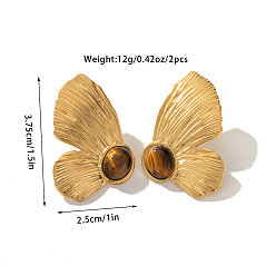 Бабочка 304 серьги-гвоздики из нержавеющей стали с натуральным тигровым глазом, золотые, бабочка, 37.5x25 мм