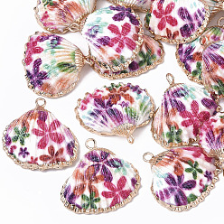 Flower Electroplate Printed Natural Scallop Shell Pendants, Sea Shell Pendants, with Brass Loops, Floral Pattern, 22~27x23~29x8~10mm, Hole: 1.8mm