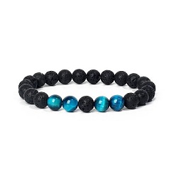 Deep Sky Blue 8MM Round Dyed Natural Tiger Eye and Lava Rock Yoga Beaded Stretch Bracelets, Buddhist Prayer Bracelets, Deep Sky Blue, 7.09 inch(18cm)