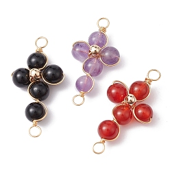 Mixed Stone Natural Mixed Gemstone Connector Charms, Eco-Friendly Light Gold Plated Copper Wire Wrapped Cross Links, 28.5x17x8mm, Hole: 3mm