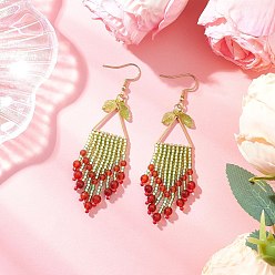 Красный Агат 304 из нержавеющей стали болтаться серьги, со стеклянными семенами и натуральным сердоликом, лист, золотые, 82x19 мм