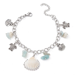 Antique Silver Natural Amazonite Chips & Shell & Tortoise Charm Bracelet, with Alloy Chains, Antique Silver, 7-1/8 inch(18cm)