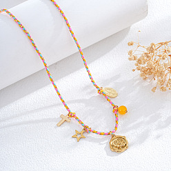 Золотистый Летние пляжные плетеные веревочные ожерелья-нагрудники, Кулон-подвеска в виде морской звезды и цветка из нержавеющей стали., золотые, золотые, 29.92 дюйм (76 см)