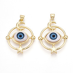 Настоящее золото 18K Подвески латуни cmолы, плоский круглый с глазом и луной и звездой, реальный 18 k позолоченный, 34~34.5x27x8 мм, отверстие : 3.5x5~6.5 мм