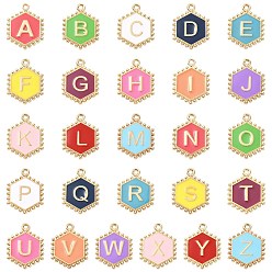 Шестиугольник 52 шт. Подвески из сплава эмали, золотые, буква аз ~ г очарование, шестиугольник, 20x15.5x2 мм, отверстие : 1.2 мм