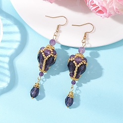 Аметист Серьги-подвески в форме капли, украшенные натуральным аметистом и стеклянными бусинами., с 304 крючков из нержавеющей стали, золотые, 78x20~20.5 мм