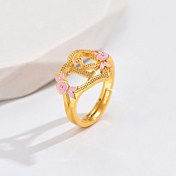 Letter K Регулируемые кольца для пальцев с латунным жемчугом и розовой эмалью в форме сердца и цветка, без кадмия, без никеля и без свинца, золотые, Письмо K, 14 мм, внутренний диаметр: 17 мм