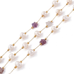 Amethyst Natural Amethyst Star and Pearl Beaded Chains, with Stainless Steel Findings, Long-Lasting Plated, Soldered, with Spool, Golden, Link: 2x0.5x0.1mm, Bead: 5.5~7x5.5~6mm, Star: 6x6~6.5x2.5~3mm