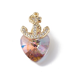 Pearl Pink Real 18K Gold Plated Rack Plating Brass Micro Pave Clear Cubic Zirconia Pendants, with Glass, Long-Lasting Plated, Cadmium Free & Lead Free, Boat Anchor & Heart Charm, Pearl Pink, 20x12x9mm, Hole: 6x2.5mm