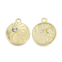 Light Gold Rack Plating Alloy Pendants, with Crystal Rhinestone, Flat Round with Moon & Sun, Cadmium Free & Nickel Free & Lead Free, Light Gold, 21.5x18x3.5mm, Hole: 2mm