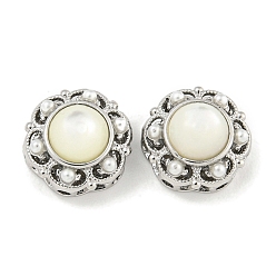 Платина Многониточные звенья из латуни и АБС-пластика с имитацией жемчуга и ракушек в виде цветка, платина, 11x6.5 мм, отверстие : 1.1 мм