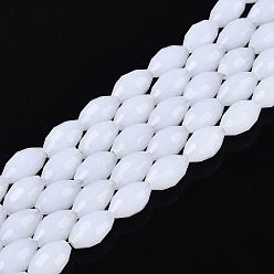 White Imitation Jade Glass Beads Strands, Rice, Faceted, White, 8~9x5~6mm, Hole: 0.9~1mm, about 67~68pcs/strand, 22.83~23.62 inch(58~60cm)