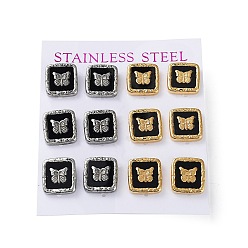 Golden & Stainless Steel Color 6 Pair 2 Color Square & Butterfly Acrylic Stud Earrings, 304 Stainless Steel Earrings, Golden & Stainless Steel Color, 13x12mm, 3 Pair/color
