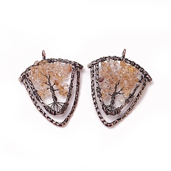 Цитрин Натуральный цитрин чип большие подвески, с латунной фурнитурой , щит, Красная медь, 57~59x47.5x8 мм, отверстие : 5 мм