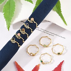 Смешанные камни Лист 304 открытые манжетные кольца из нержавеющей стали, кольцо из натурального камня для женщин, реальный 18 k позолоченный, ионное покрытие (ip), размер США 6 (16.5 мм)