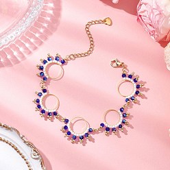 Золотой Плоские круглые 304 браслеты со звеньями из нержавеющей стали для женщин, с плоскими стеклянными бусинами в форме облака, гальваническими стеклянными бусинами и латунными соединительными кольцами, золотые, 6-7/8 дюйм (17.5 см)