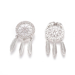 Платина Латуни циркония кубической подвески, тканая сеть / паутина с пером, прозрачные, платина, 21.5x11x1.5 мм, отверстие : 1 мм