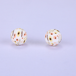 White Printed Round with Sunflower Pattern Silicone Focal Beads, White, 15x15mm, Hole: 2mm