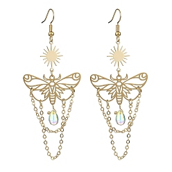 Golden 201 Stainless Steel Butterfly Dangle Earrings, with Glass Teardrop Charm, Brass Jewelry for Women, Sun, Golden, 80x32mm