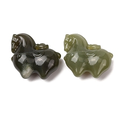 Nephrite Jade Подвески из натурального нефрита с резьбой, лошади прелести, 26x29x12 мм, отверстие : 1.2 мм