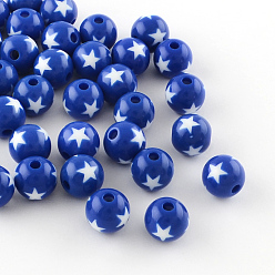 Средно-синий Звезда шаблон непрозрачной акриловые бусины, круглые, светло-синий, 19~20x18 мм, Отверстие : 3 мм , около 116 шт / 500 г