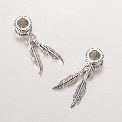 Antique Silver Leaf Alloy European Dangle Large Hole Pendants, Antique Silver, 28mm, Hole: 4.5mm