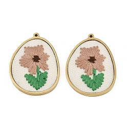Real 18K Gold Plated 304 Stainless Steel & Embroidered Pendants, Oval with Flower Charms, Tan, Ion Plating(IP), Long-Lasting Plated, Real 18K Gold Plated, 29x22.5x3mm, Hole: 1.2mm