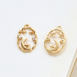 Oval Brass Micro Pave Cubic Zirconia Pendants, Moon with Star, Oval, 16x11mm