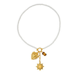 Real 18K Gold Plated 304 Stainless Steel Sacred Heart Sun Pendant White Glass Beaded Necklaces for Women, Real 18K Gold Plated, 15.75 inch(40cm)
